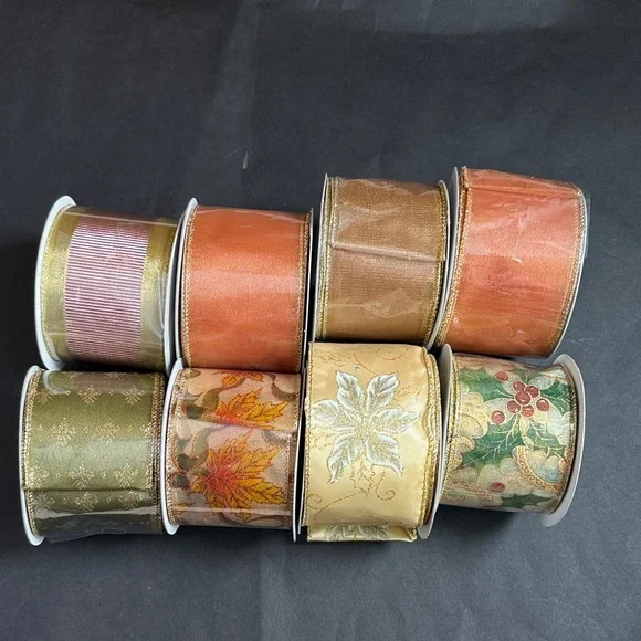 Bundle Of 8 New Decorative Fall / Holiday Wired Ribbon. Size 2.5” 10 Yards - Picture 1 of 8